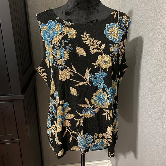 White Stag Stretch Blouse XL Black Floral Print Sleeveless Y2K Office chic - Picture 2 of 8